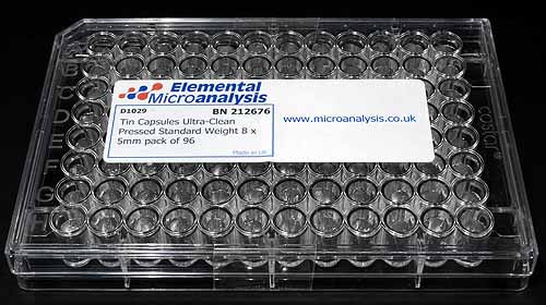 Tin Capsules Ultra-Clean Pressed Standard Weight 8 x 5mm, Multiwell plate of 96 capsules